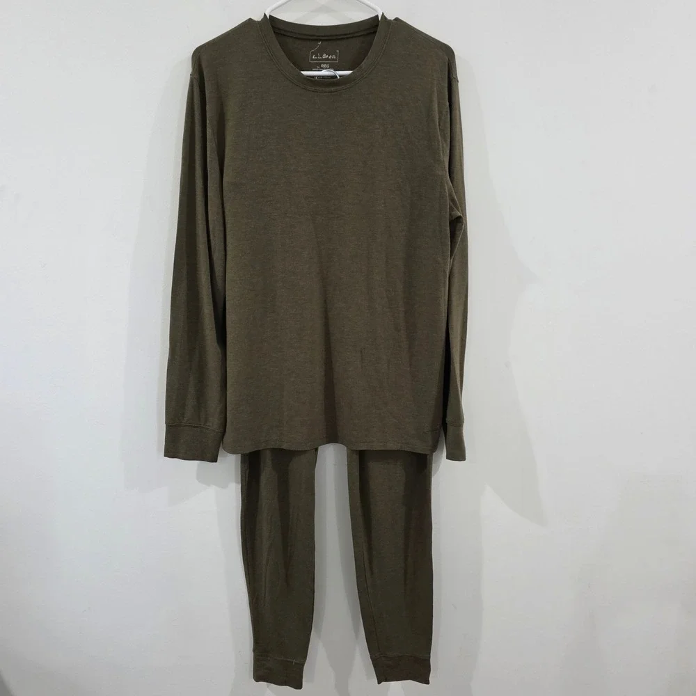 LL Bean Mens Thermal Underwear Set Size Large Green Long Sleeve Base Layer